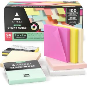 ARTEZA Sticky Notes, 3×3 Inches, 24 Pads, Bulk Pack of Assorted Multicolor Self-Adhesive Notes for Office, School & Home(Pastel Colors)