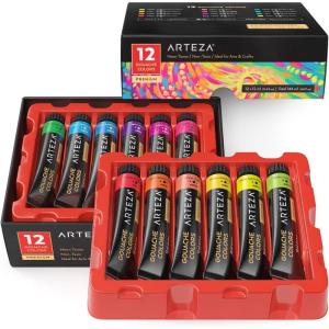 Arteza Gouache Paint, 12 Colors, Neon Tones, 0.4 US fl oz Tubes, Opaque Water-Based Paint for Canvas and Paper, Art Supplies for Professionals, Students