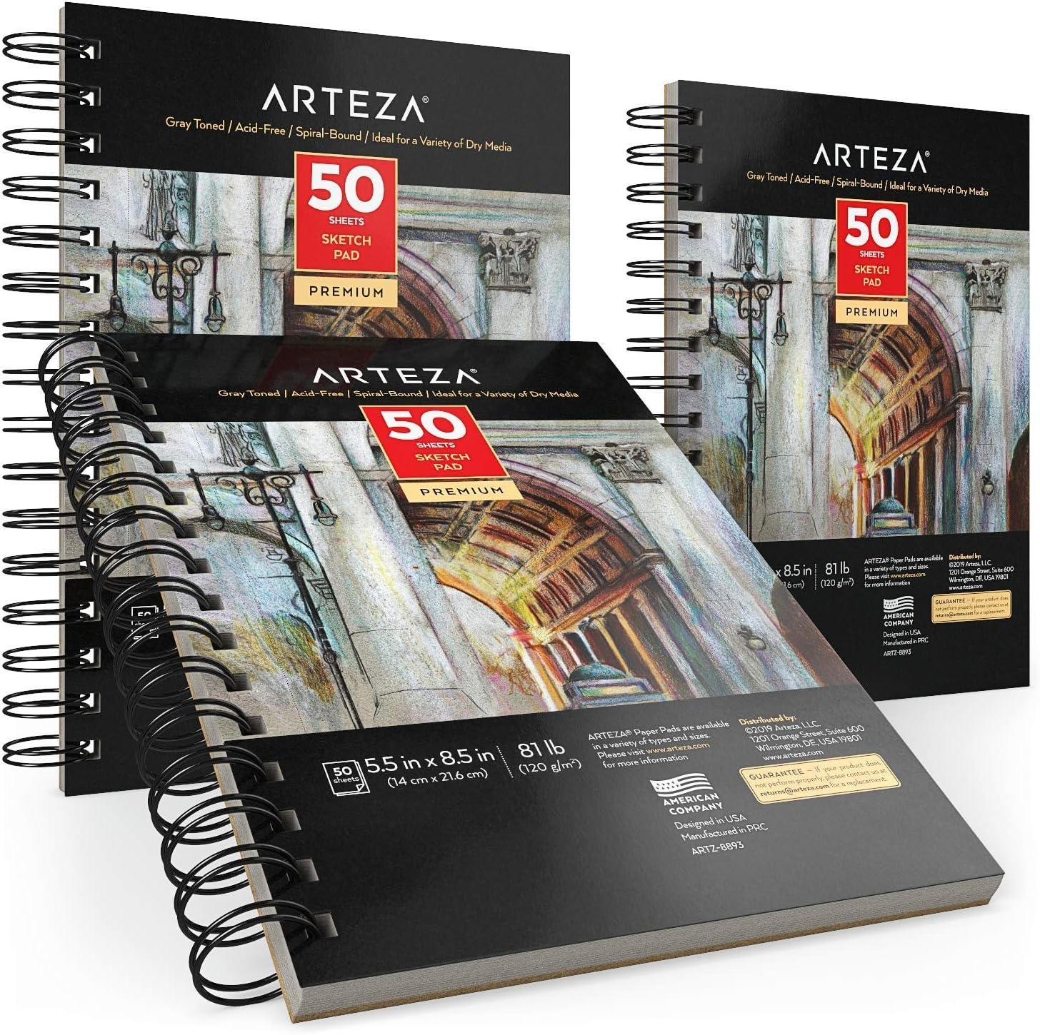 imageARTEZA Spiral Sketch Book 55x85 Gray Art Paper Drawing Pad 3 Pack 50 Sheets Sketch Pads for Drawing