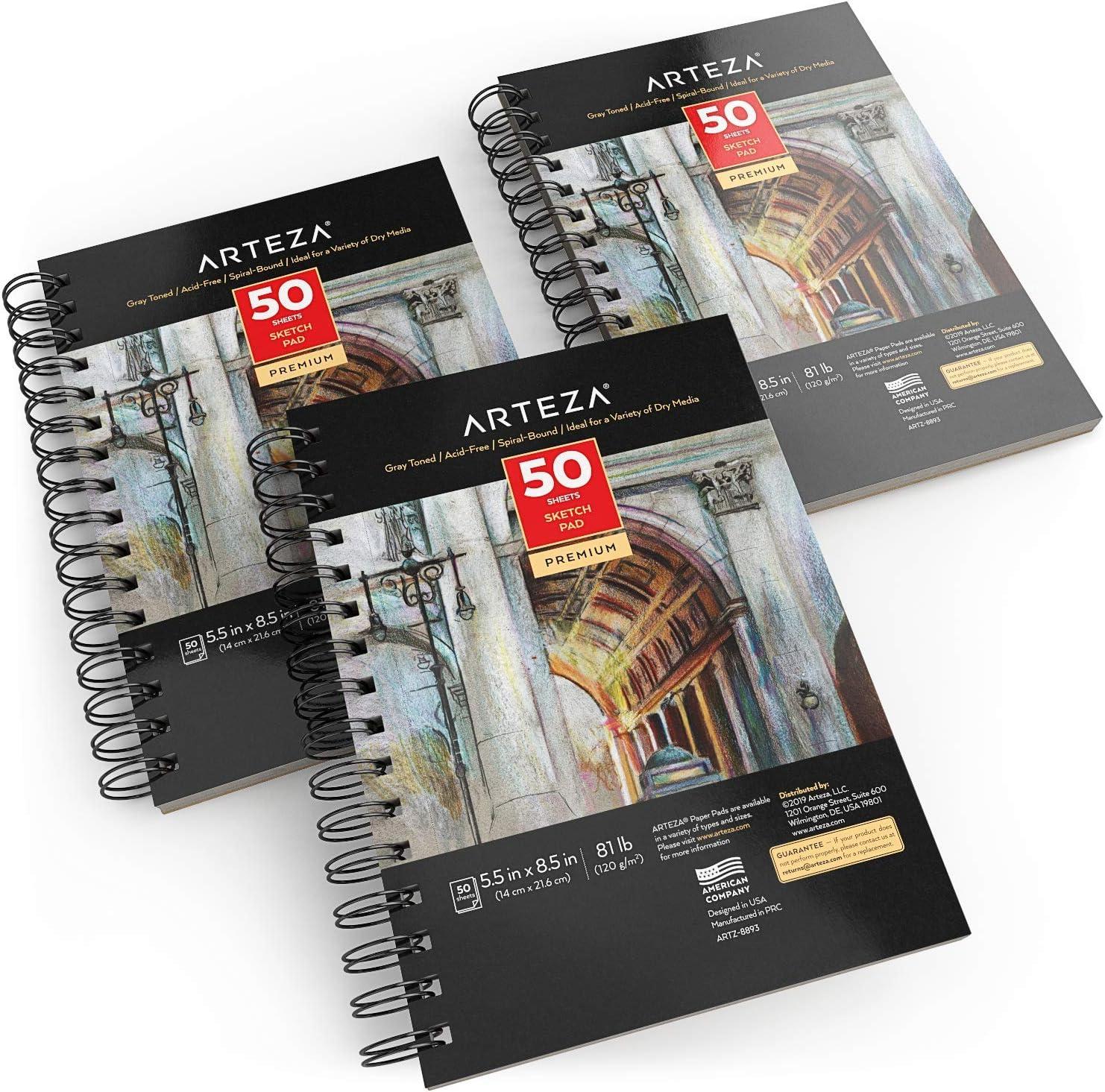 imageARTEZA Spiral Sketch Book 55x85 Gray Art Paper Drawing Pad 3 Pack 50 Sheets Sketch Pads for Drawing