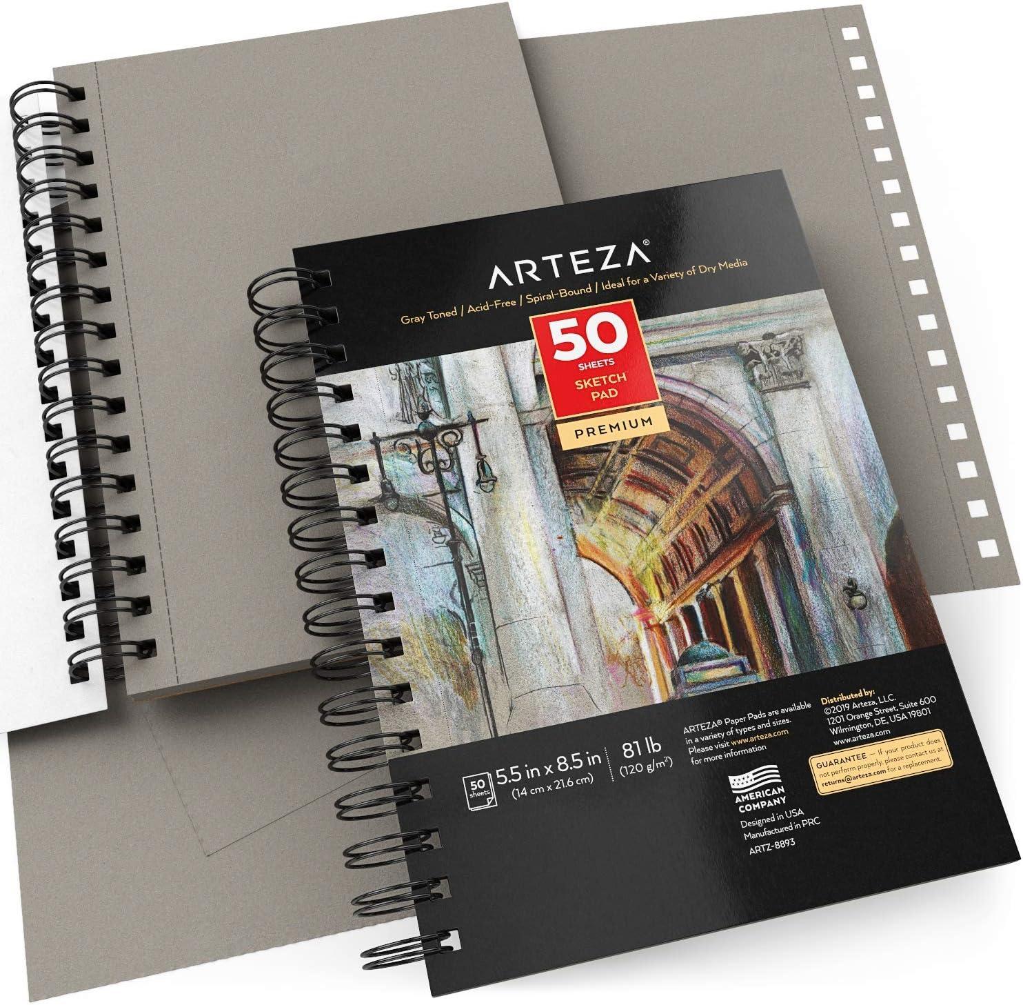 imageARTEZA Spiral Sketch Book 55x85 Gray Art Paper Drawing Pad 3 Pack 50 Sheets Sketch Pads for Drawing
