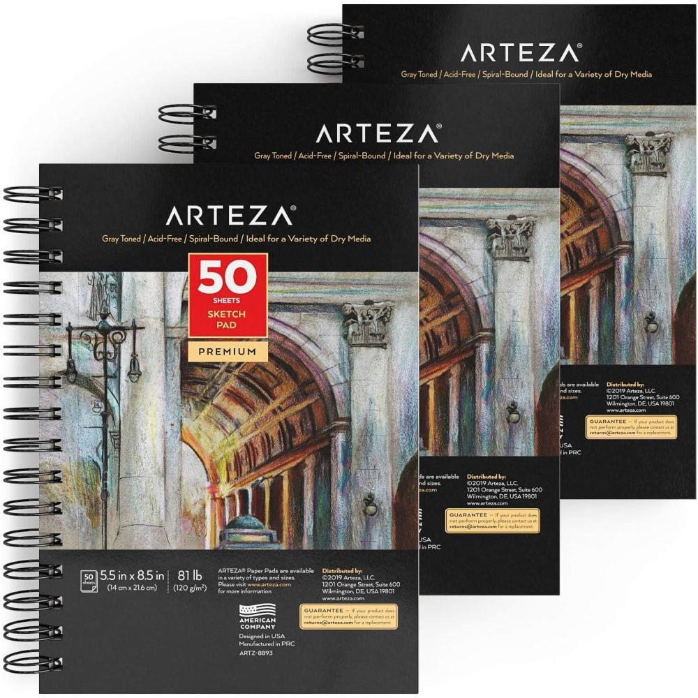 imageARTEZA Spiral Sketch Book 55x85 Gray Art Paper Drawing Pad 3 Pack 50 Sheets Sketch Pads for Drawing