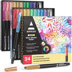 ARTEZA Metallic Markers, 16 Real Brush Pens, Blendable Watercolor Pens with Liquid Ink, Paint Marker Set for Artists(Glitter)