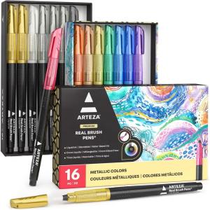 ARTEZA Metallic Markers, 16 Real Brush Pens, Blendable Watercolor Pens with Liquid Ink, Paint Marker Set for Artists(Metallic)