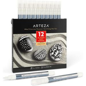 ARTEZA Oil Based Paint Markers, 12-Pack, White, 1.3 mm Line, Permanent Pens, Waterproof Craft and Art Supplies for Stone, Wood, Glass, Metal, Canvas