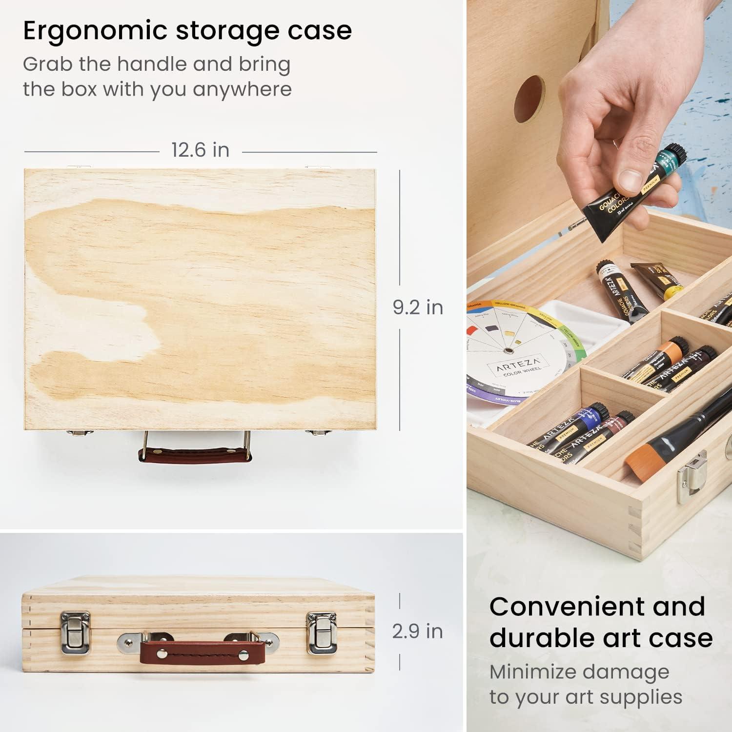 imageArteza Gouache Paint Kit 21 Pieces Art Set 12 Gouache Art Paint Tubes 5 Acrylic Brushes Paper Pad Plastic Palette and Wooden Storage Case Art Supplies for Professional Artists and HobbyistsGouache