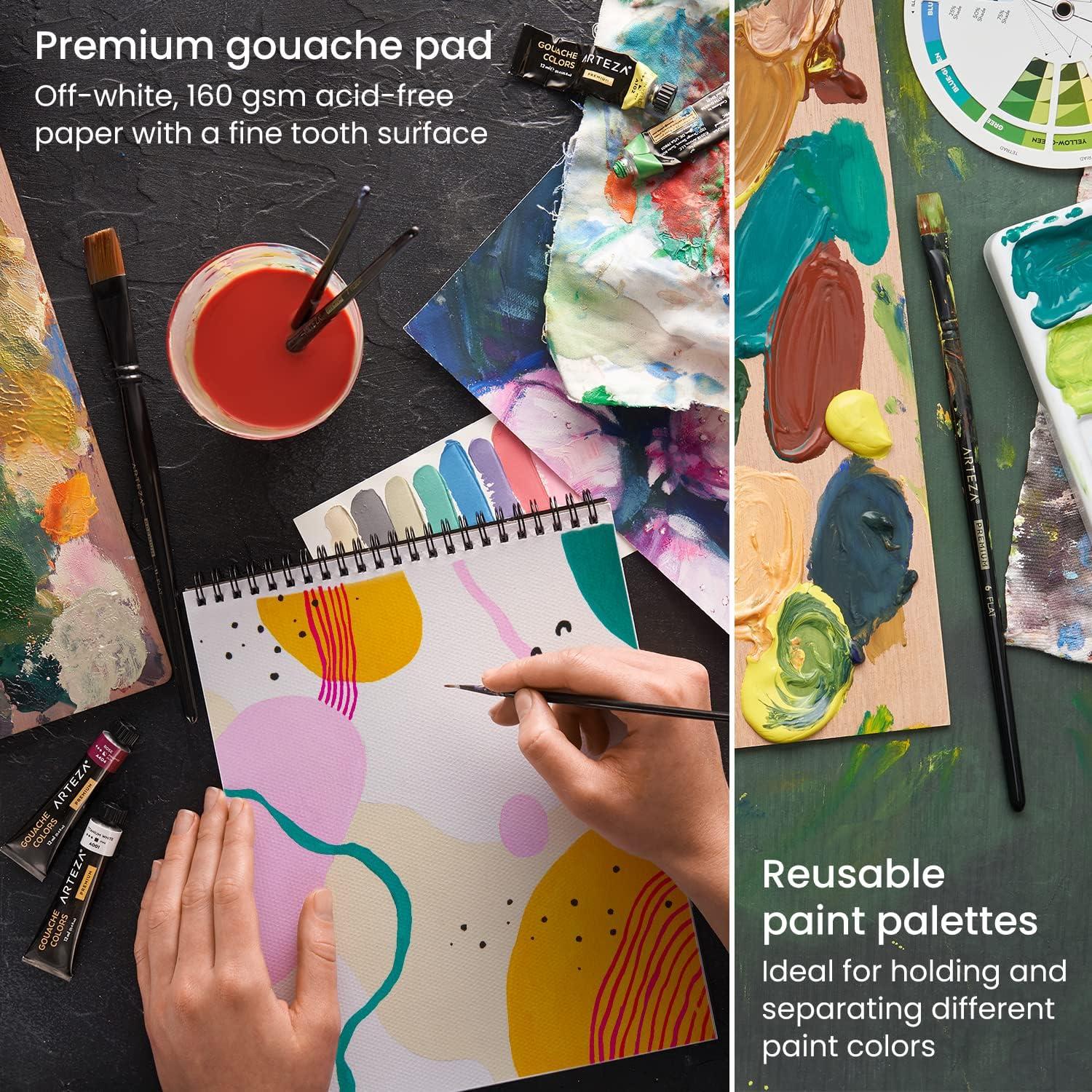 imageArteza Gouache Paint Kit 21 Pieces Art Set 12 Gouache Art Paint Tubes 5 Acrylic Brushes Paper Pad Plastic Palette and Wooden Storage Case Art Supplies for Professional Artists and HobbyistsGouache