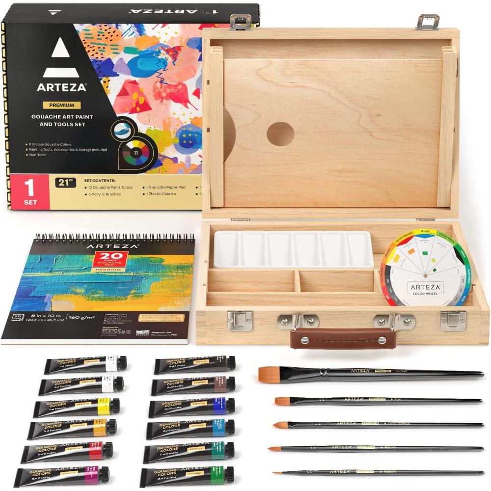 imageArteza Gouache Paint Kit 21 Pieces Art Set 12 Gouache Art Paint Tubes 5 Acrylic Brushes Paper Pad Plastic Palette and Wooden Storage Case Art Supplies for Professional Artists and HobbyistsGouache