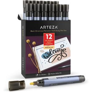 ARTEZA Oil Based Paint Markers, 12-Pack, Black, 2.5 mm Permanent Pens, Waterproof Craft and Art Supplies for Stone, Wood, Glass, Metal, Canvas, Paper