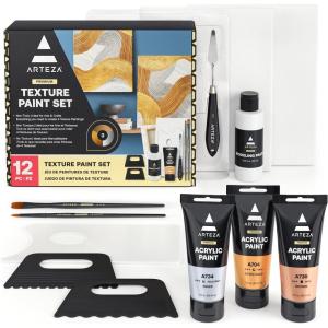 ARTEZA Texture Acrylic Paint Set – Painting Set with Metallic Acrylic Paints (Gold, Silver, Bronze), 8×10 Stretched Canvases, Modeling Paste & Silicone Texture Tools – Texture Paint Set