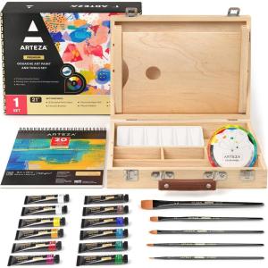 Arteza Gouache Paint Kit, 21 Pieces Art Set, 12 Gouache Art Paint Tubes, 5 Acrylic Brushes, Paper Pad, Plastic Palette, and Wooden Storage Case, Art Supplies for Professional Artists and Hobbyists(Gouache)