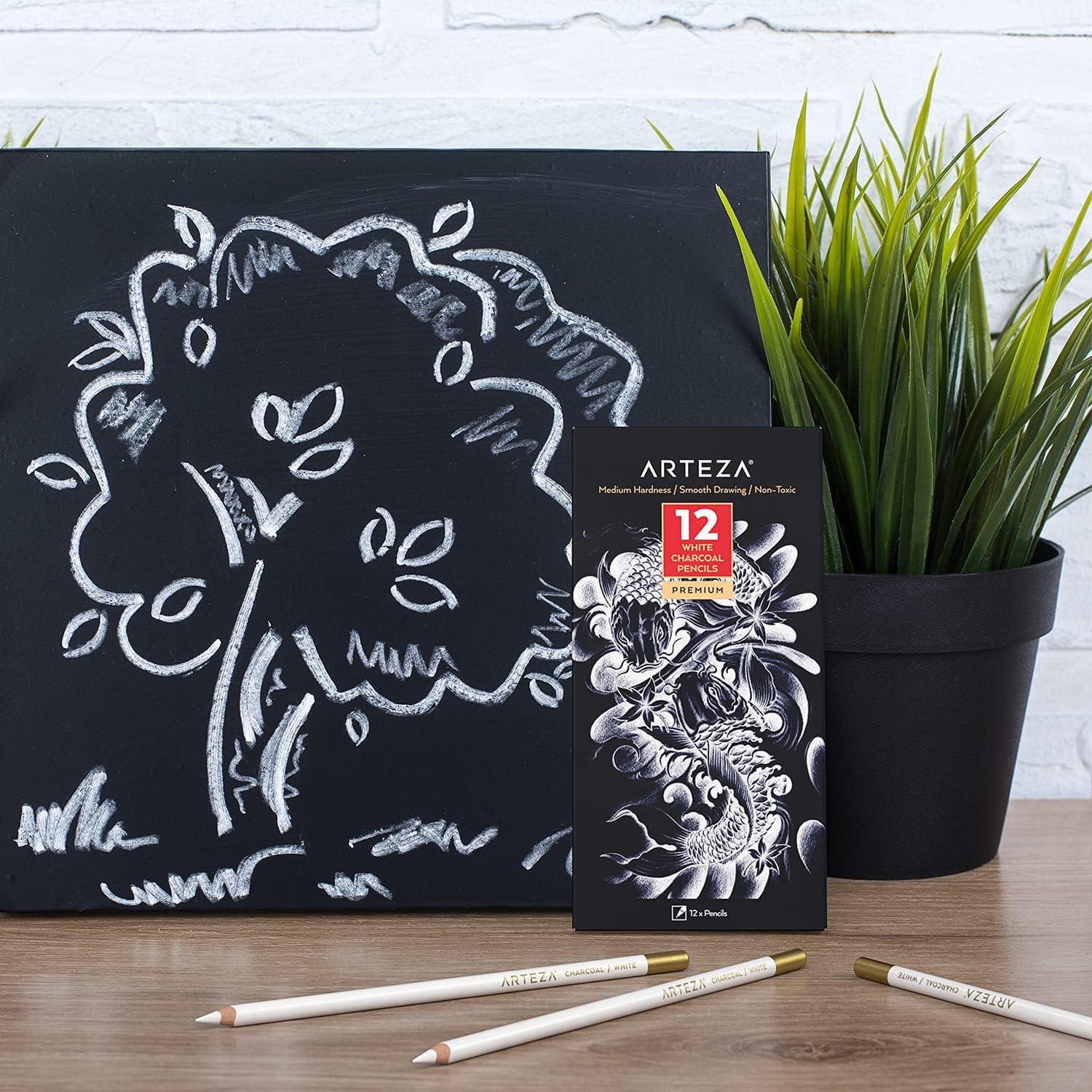 imageARTEZA Sketch Book 1 Pack 100 Sheets Each and Arteza White Charcoal Pencils Pack of 12 Smooth MediumHard Sketching Crayons Art Supplies for Drawing and Highlighting