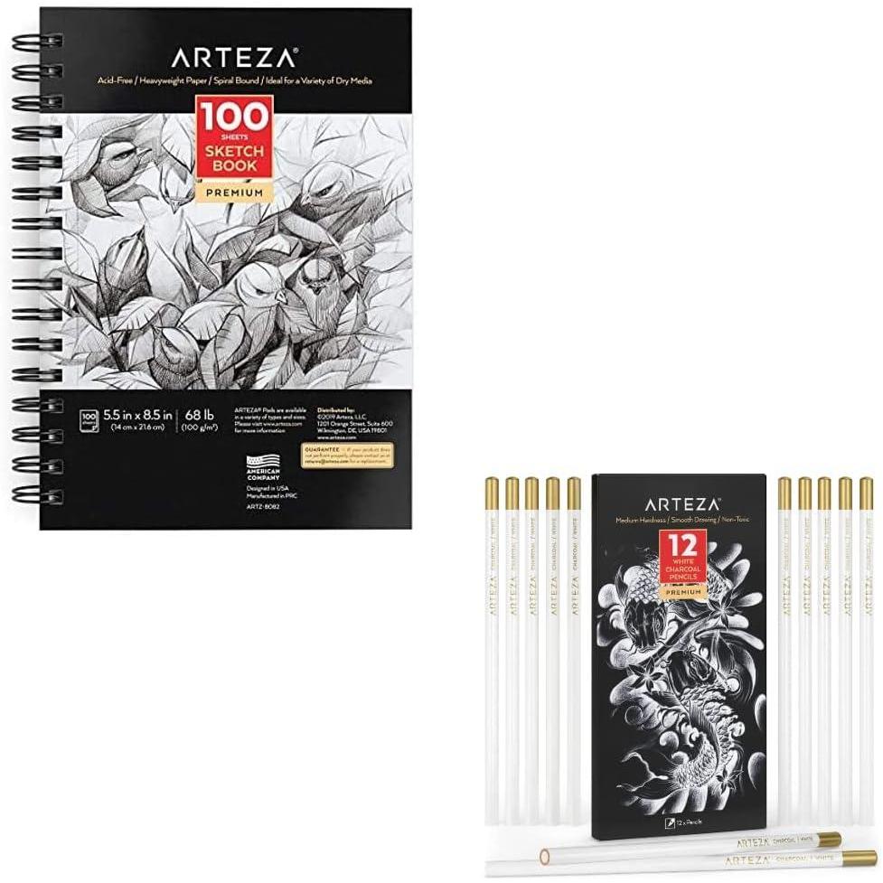 imageARTEZA Sketch Book 1 Pack 100 Sheets Each and Arteza White Charcoal Pencils Pack of 12 Smooth MediumHard Sketching Crayons Art Supplies for Drawing and Highlighting