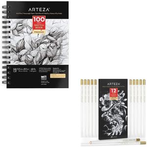 ARTEZA Sketch Book, 1 Pack, 100 Sheets Each and Arteza White Charcoal Pencils, Pack of 12, Smooth Medium-Hard Sketching Crayons, Art Supplies for Drawing and Highlighting