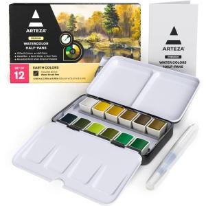 ARTEZA Watercolor Paint Set, 12 Earth Tones Half Pans, Watercolor Set with Brush, Semi Moist Water Colors(Earth Tones)