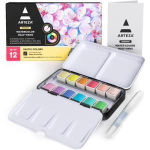 ARTEZA Watercolor Paint Set, 12 Earth Tones Half Pans, Watercolor Set with Brush, Semi Moist Water Colors(Multicolor)