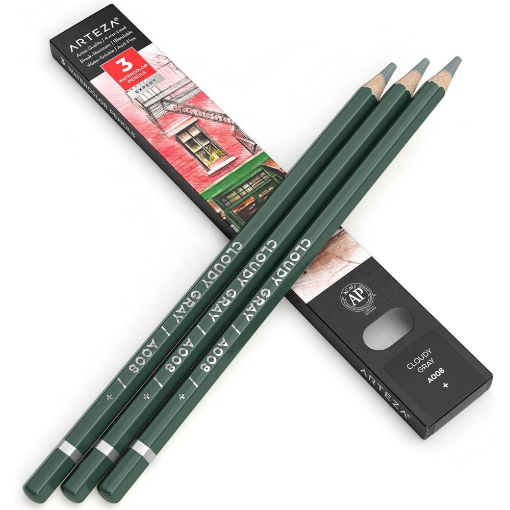 imageArteza Professional Watercolor Pencils Pack of 3 A212 Passion Fruit Red WaterSoluble Pencils for Coloring Blending Layering ampamp Watercolor TechniquesA008 Cloudy Gray