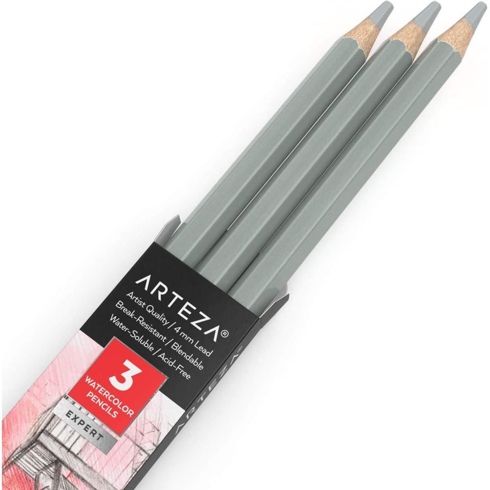 imageArteza Professional Watercolor Pencils Pack of 3 A212 Passion Fruit Red WaterSoluble Pencils for Coloring Blending Layering ampamp Watercolor TechniquesA007 Steel Gray