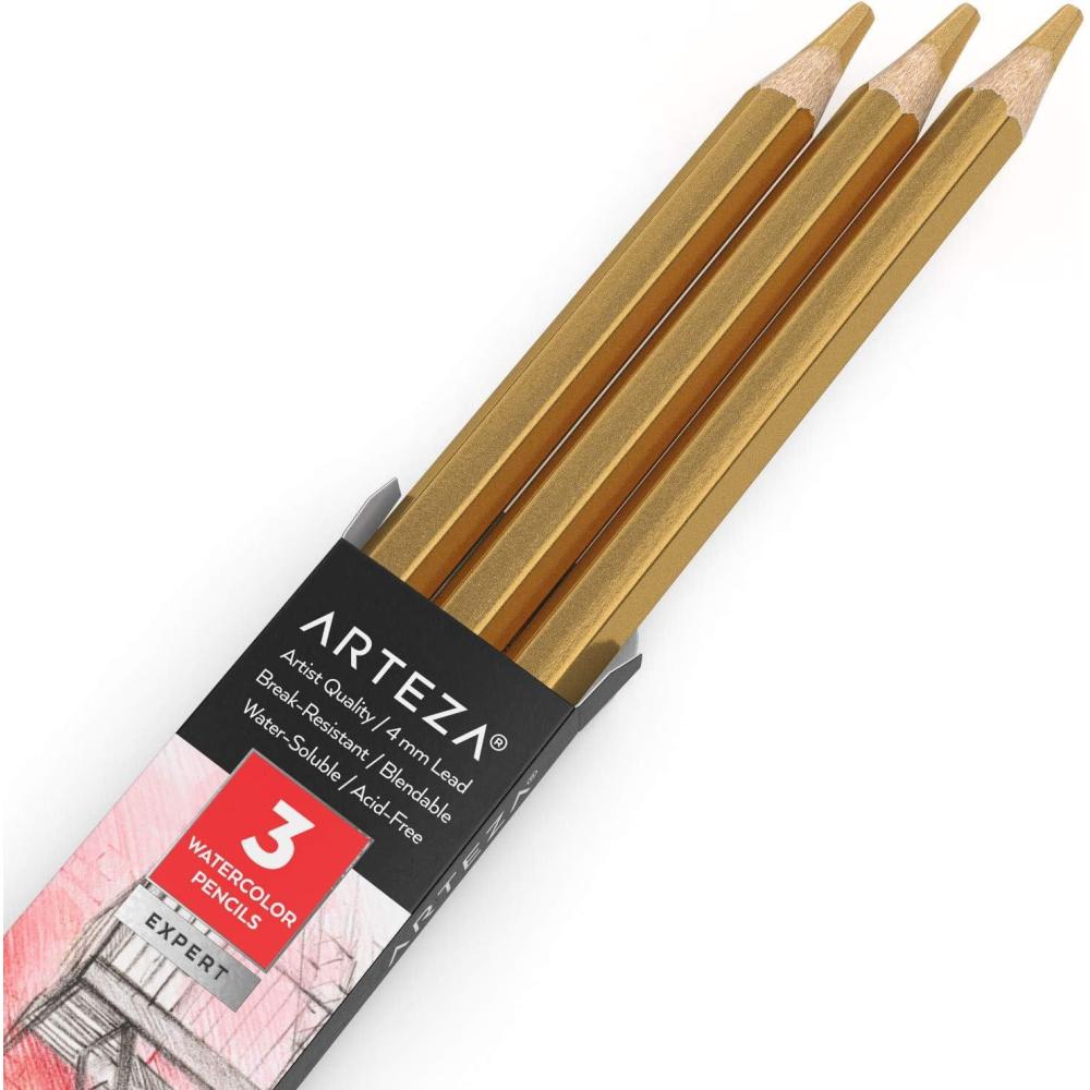 imageArteza Professional Watercolor Pencils Pack of 3 A212 Passion Fruit Red WaterSoluble Pencils for Coloring Blending Layering ampamp Watercolor TechniquesA702 Gold