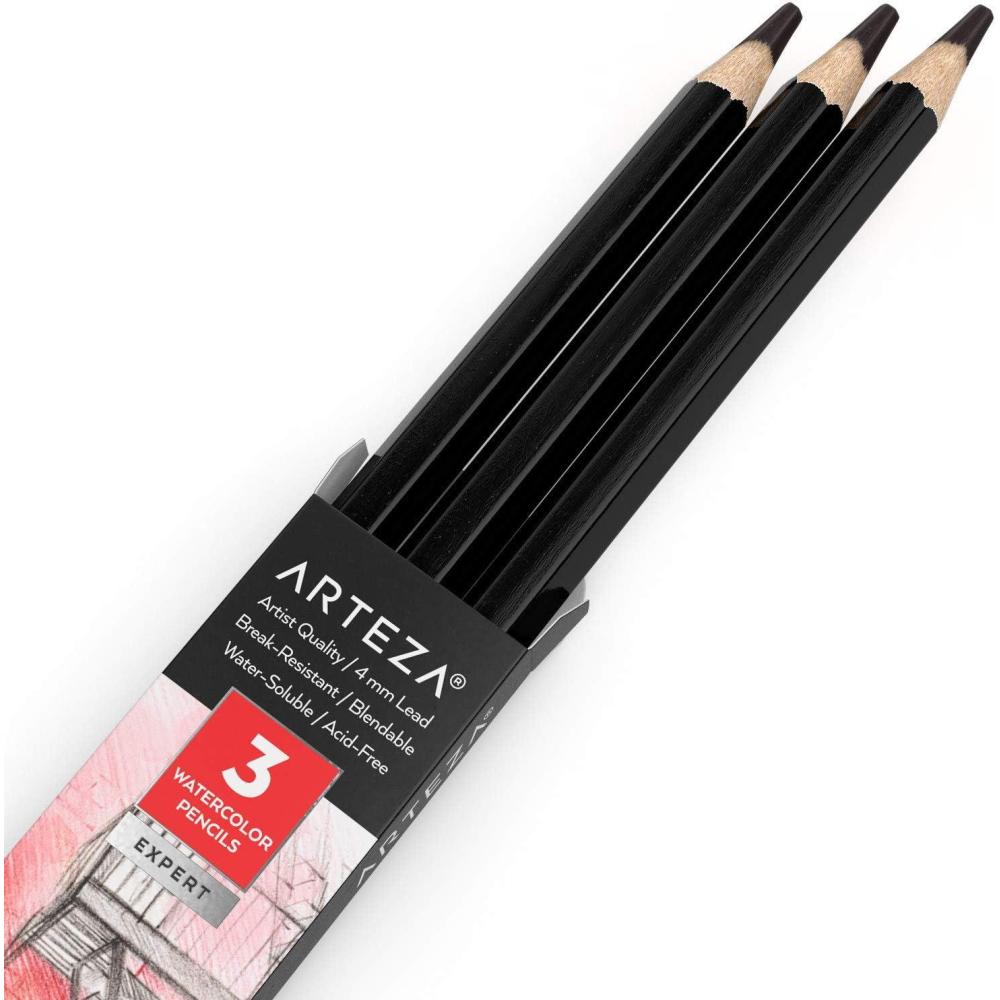 imageArteza Professional Watercolor Pencils Pack of 3 A212 Passion Fruit Red WaterSoluble Pencils for Coloring Blending Layering ampamp Watercolor TechniquesA017 Noir