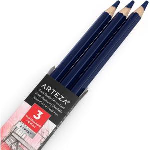 Arteza Professional Watercolor Pencils, Pack of 3, A212 Passion Fruit Red, Water-Soluble Pencils for Coloring, Blending, Layering & Watercolor Techniques(A512 Indigo)