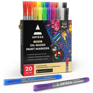 ARTEZA Oil Based Paint Markers, 20-Pack, 18 Unique Colors, 1.3 mm Line, Small Barrel, Permanent Pens, Art Supplies for Stone, Wood, Glass, Canvas