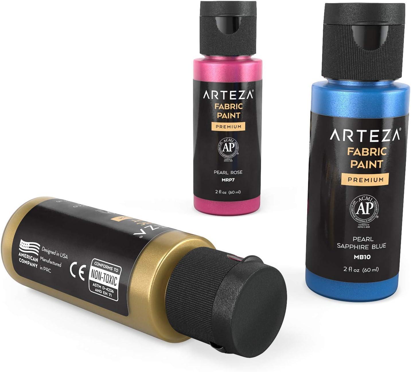 imageARTEZA Metallic Fabric Paint Set of 14 Permanent Paint Textile Paint for Drawing on TShirts Denim Cotton Linen and Mixed Fabrics
