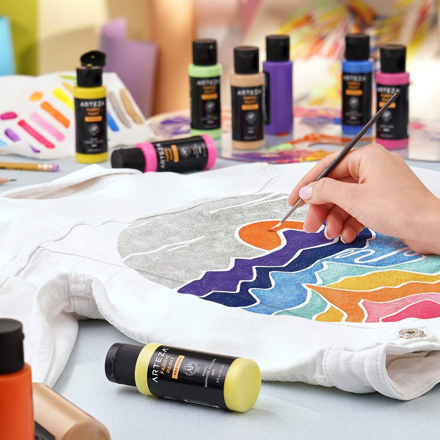 imageARTEZA Metallic Fabric Paint Set of 14 Permanent Paint Textile Paint for Drawing on TShirts Denim Cotton Linen and Mixed Fabrics