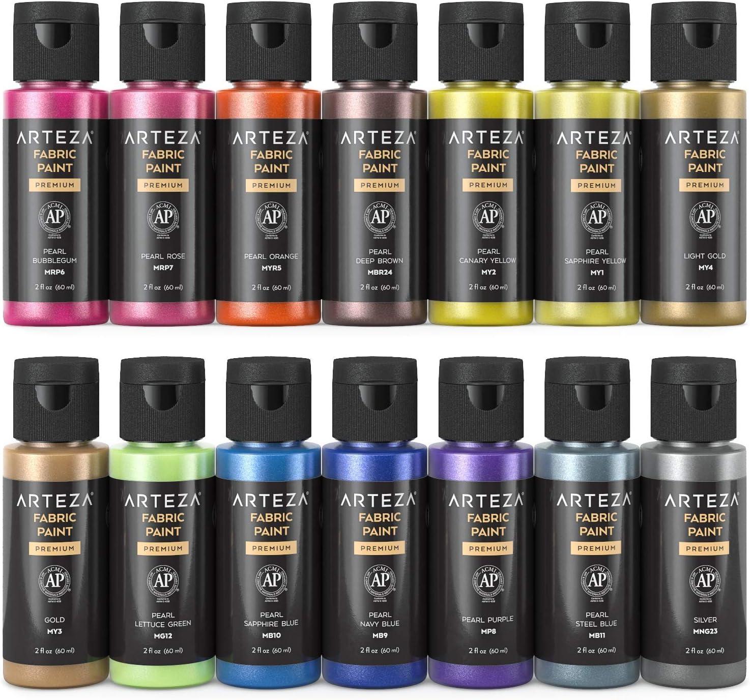 imageARTEZA Metallic Fabric Paint Set of 14 Permanent Paint Textile Paint for Drawing on TShirts Denim Cotton Linen and Mixed Fabrics