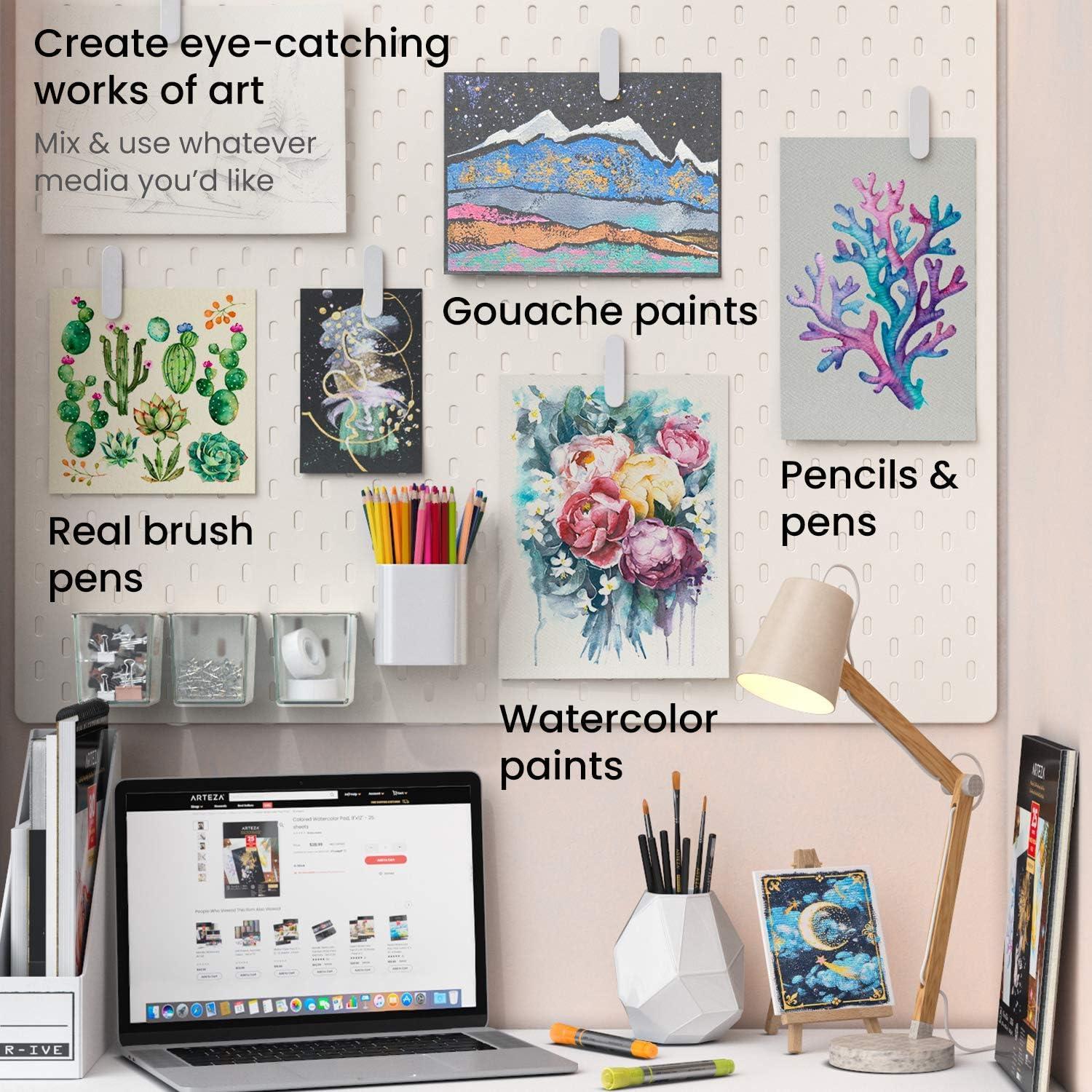 imageARTEZA Metallic Watercolor Paint Art Set 24 HalfPans Water Brush Pen Toned Watercolor Paper 25 Sheets 5 Shades