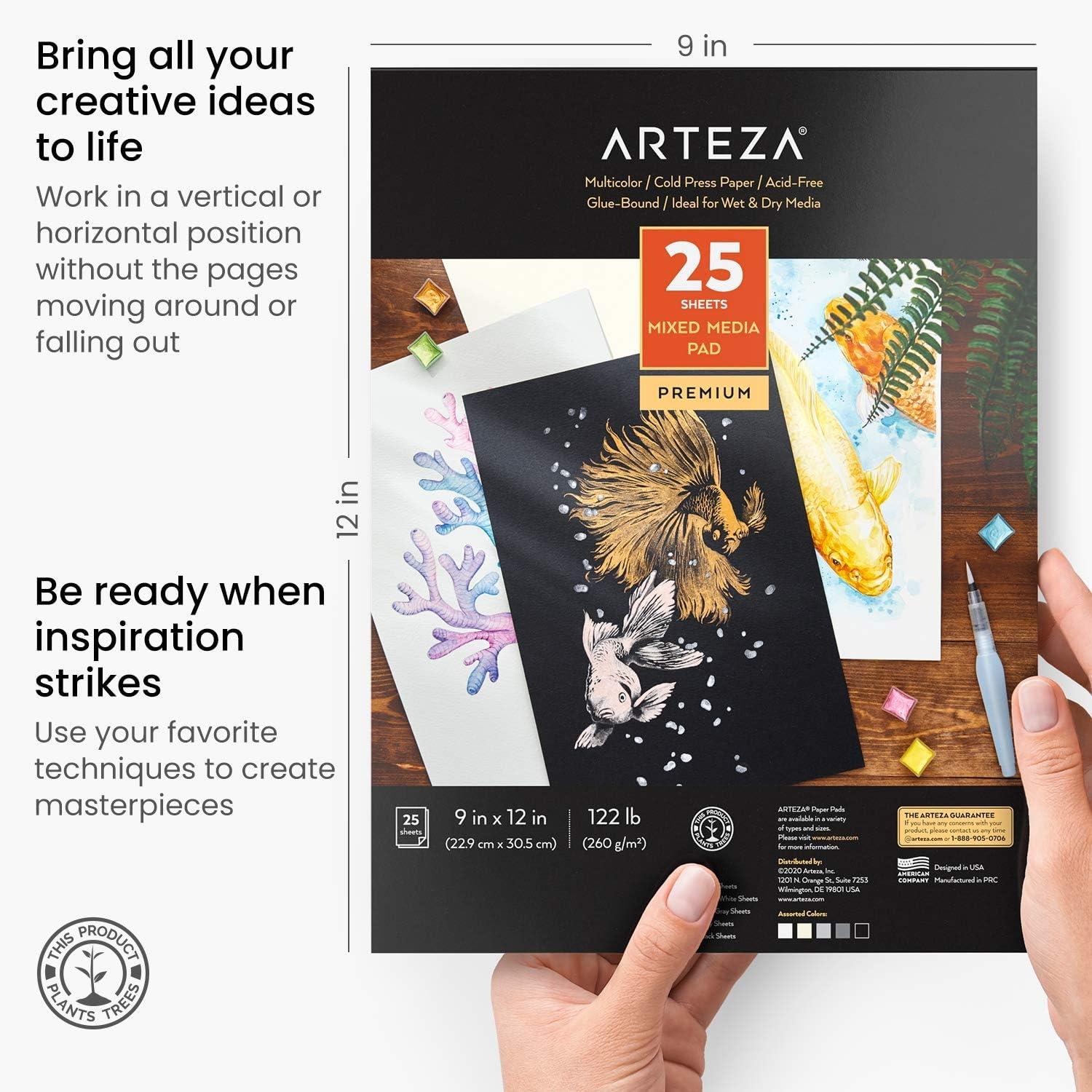 imageARTEZA Metallic Watercolor Paint Art Set 24 HalfPans Water Brush Pen Toned Watercolor Paper 25 Sheets 5 Shades