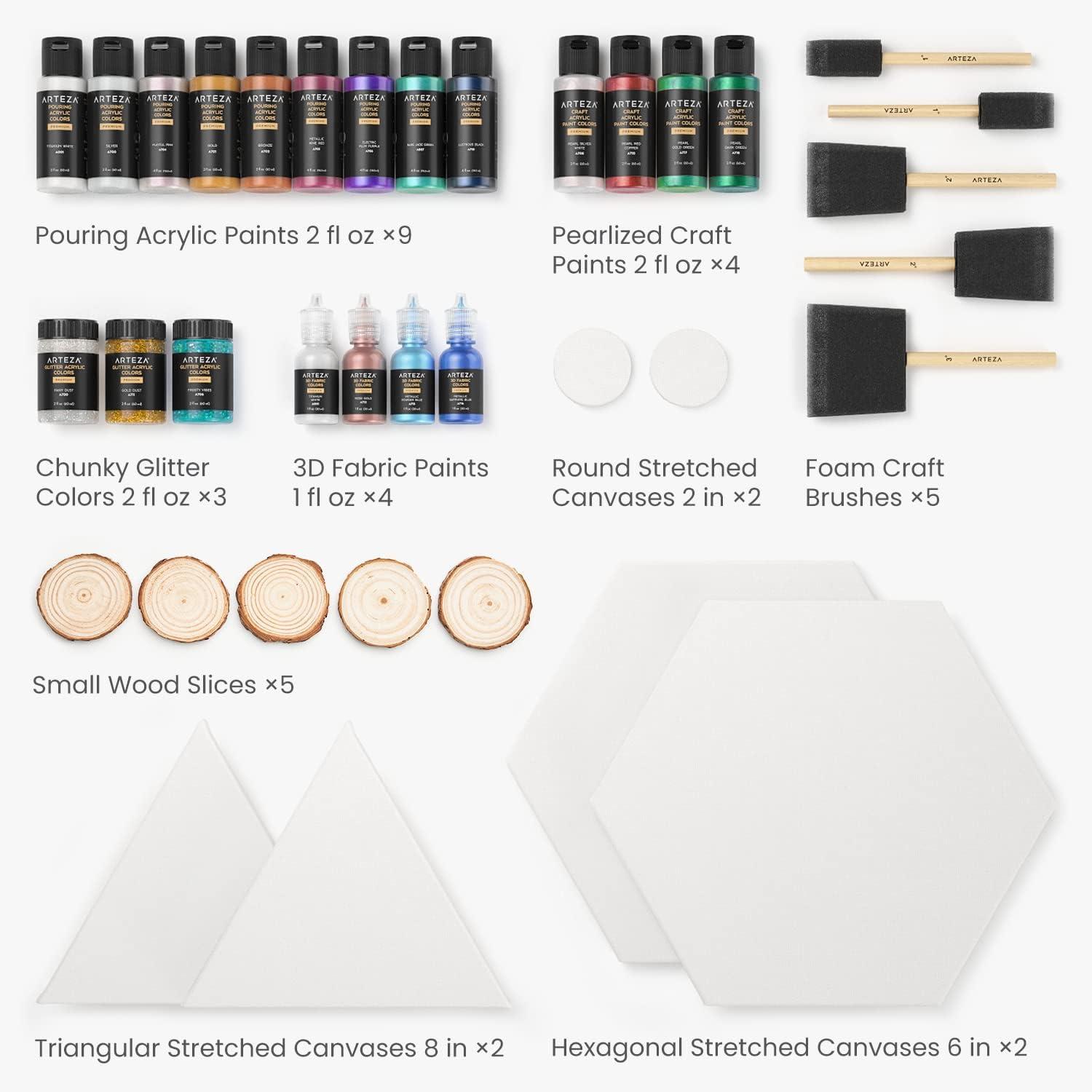 imageArteza Acrylic Pouring Paint Kit 36 Pieces Bright and Iridescent Pouring Paint Pearlized Paint 3D Fabric Paint Chunky Glitter Wood Slices Canvases and Foam Brushes Art Supplies for PaintersPouring