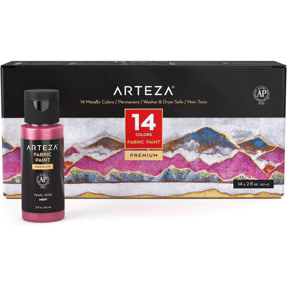 imageARTEZA Metallic Fabric Paint Set of 14 Permanent Paint Textile Paint for Drawing on TShirts Denim Cotton Linen and Mixed Fabrics