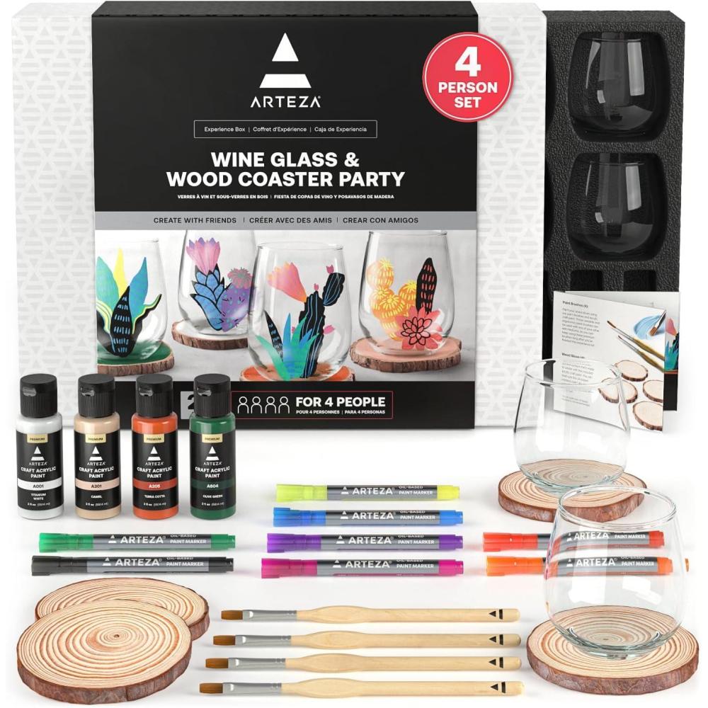 imageARTEZA Wine Glass Coaster Painting Experience Box DIY Craft Kit for Group Activities Parties Home Decor Projects Art Set Craft Supplies for Adults