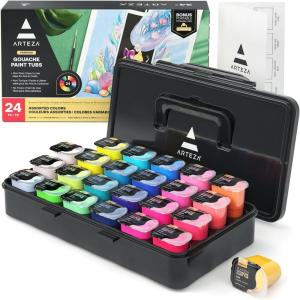 ARTEZA Gouache Paint, Set of 24 Jelly Paints, 1 fl oz (30 mL) Tubs, Opaque Gouache Set for Canvas, Paper, and Wood