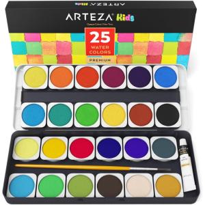 ARTEZA Watercolor Paint Set for Kids, 25 Water Colors, Watercolor Set Includes Paint Brush, Watercolor Supplies for Kids