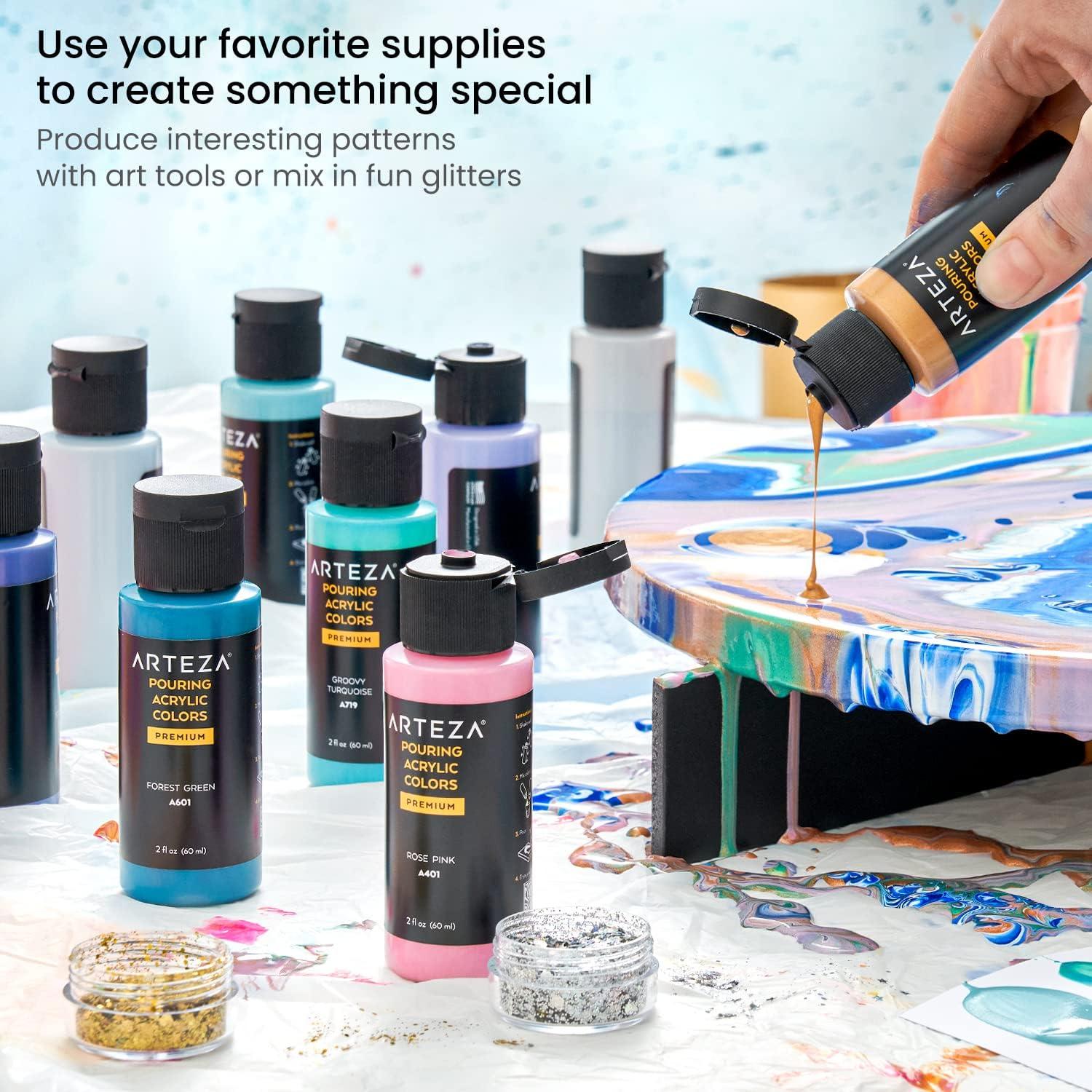 imageARTEZA Acrylic Pouring Kit 14 HighFlow Paints 2 Stretched Canvases 2 Wooden Slices Glitter Palette Knives amp Craft Tools for Acrylic Pouring Projects