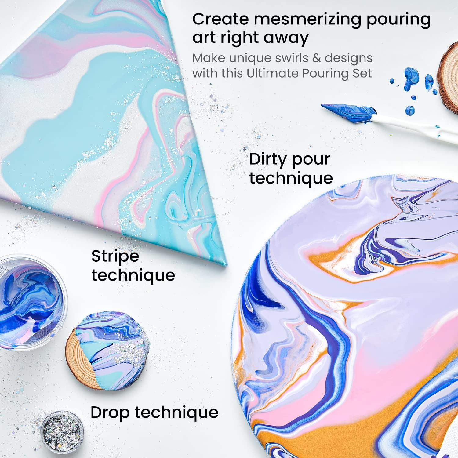 imageARTEZA Acrylic Pouring Kit 14 HighFlow Paints 2 Stretched Canvases 2 Wooden Slices Glitter Palette Knives amp Craft Tools for Acrylic Pouring Projects