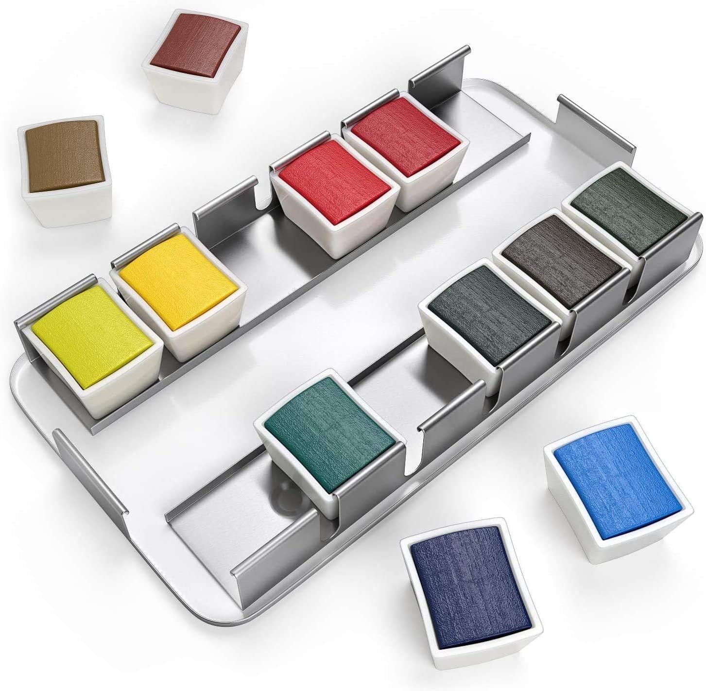 imageARTEZA Watercolor Paint Set of 12 Assorted Vibrant Colors in Half Pans Tin Box with Water Brush Pen for Artists and Beginners
