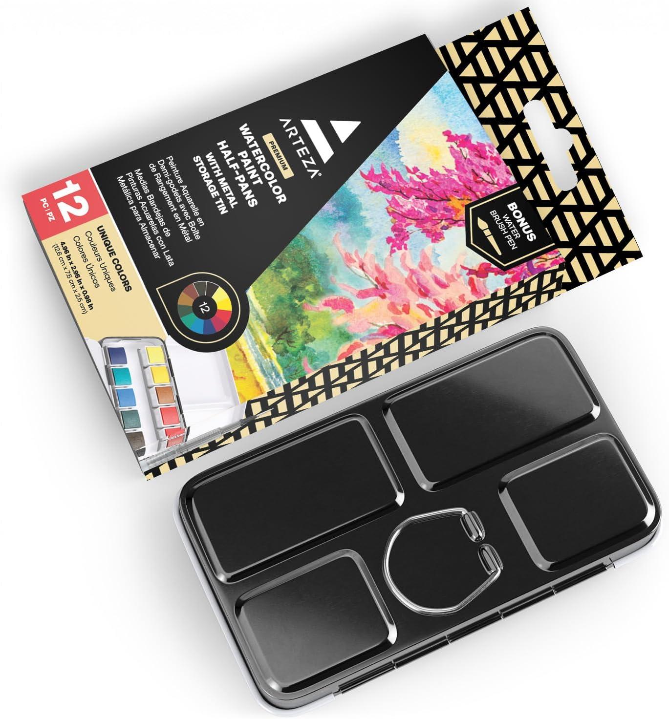 imageARTEZA Watercolor Paint Set of 12 Assorted Vibrant Colors in Half Pans Tin Box with Water Brush Pen for Artists and Beginners