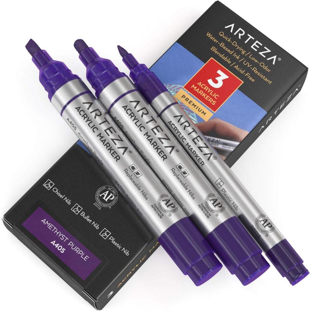 imageARTEZA Acrylic Paint Markers Pack of 3 A403 Rose Pink 1 Thin and 2 Thick Chisel Bullet Nib Paint Pens for Canvas Rock Glass WoodAmethyst Purple A405