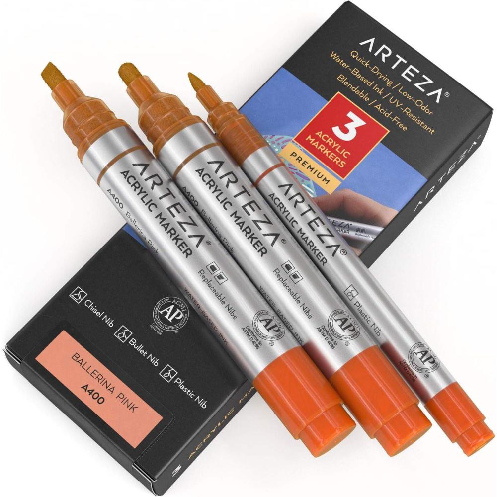 imageARTEZA Acrylic Paint Markers Pack of 3 A403 Rose Pink 1 Thin and 2 Thick Chisel  Bullet Nib Paint Pens for Canvas Rock Glass WoodBallerina Pink A400