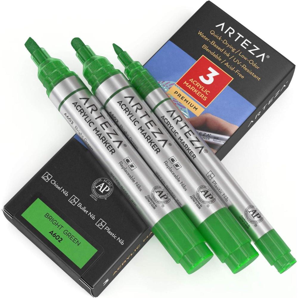 imageARTEZA Acrylic Paint Markers Pack of 3 A403 Rose Pink 1 Thin and 2 Thick Chisel  Bullet Nib Paint Pens for Canvas Rock Glass WoodBright Green A602