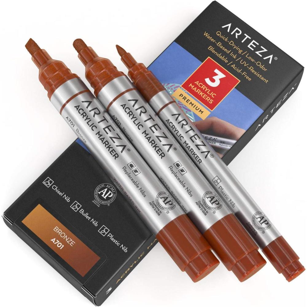 imageARTEZA Acrylic Paint Markers Pack of 3 A403 Rose Pink 1 Thin and 2 Thick Chisel  Bullet Nib Paint Pens for Canvas Rock Glass WoodBronze A701