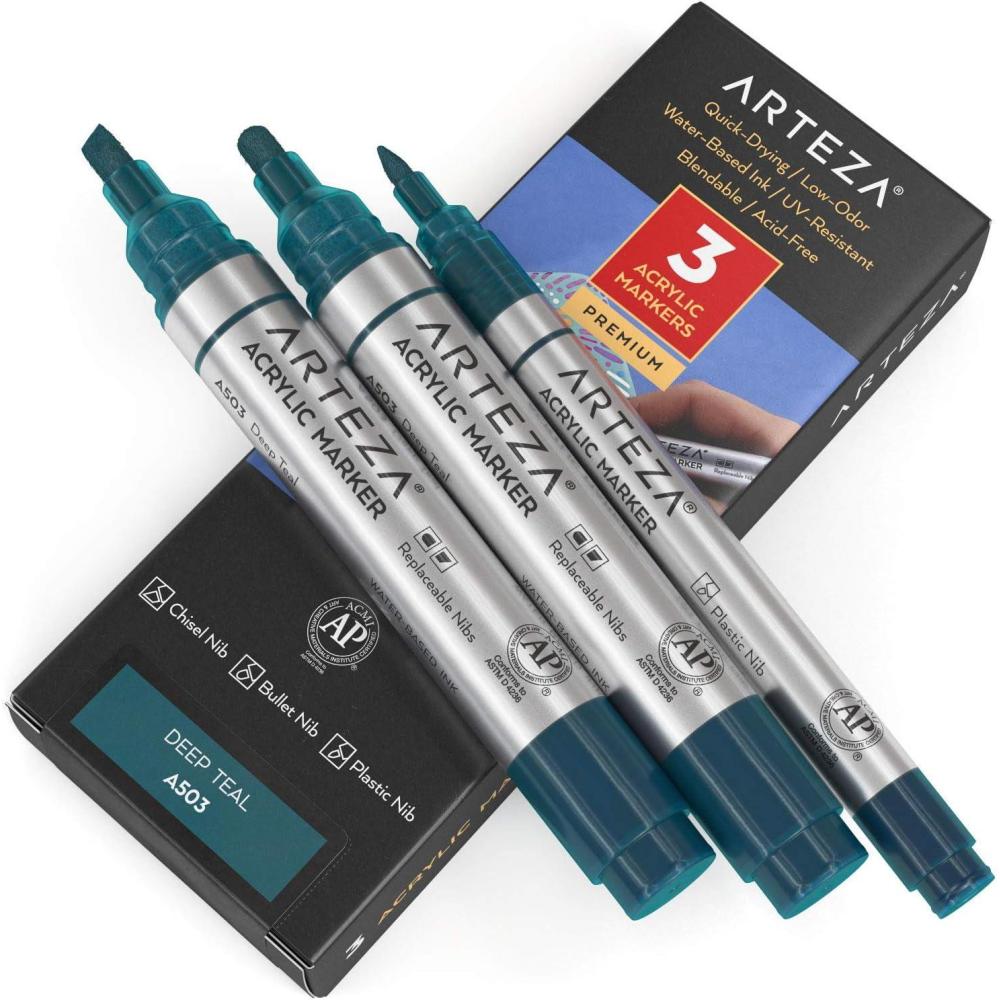 imageARTEZA Acrylic Paint Markers Pack of 3 A403 Rose Pink 1 Thin and 2 Thick Chisel  Bullet Nib Paint Pens for Canvas Rock Glass WoodDeep Teal A503