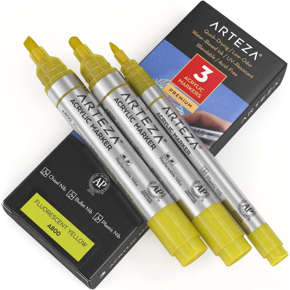 imageARTEZA Acrylic Paint Markers Pack of 3 A403 Rose Pink 1 Thin and 2 Thick Chisel  Bullet Nib Paint Pens for Canvas Rock Glass WoodFluorescent Yellow A800