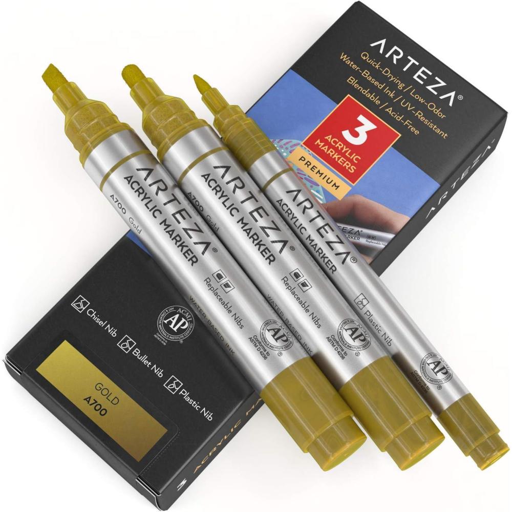 imageARTEZA Acrylic Paint Markers Pack of 3 A403 Rose Pink 1 Thin and 2 Thick Chisel  Bullet Nib Paint Pens for Canvas Rock Glass WoodGold A700