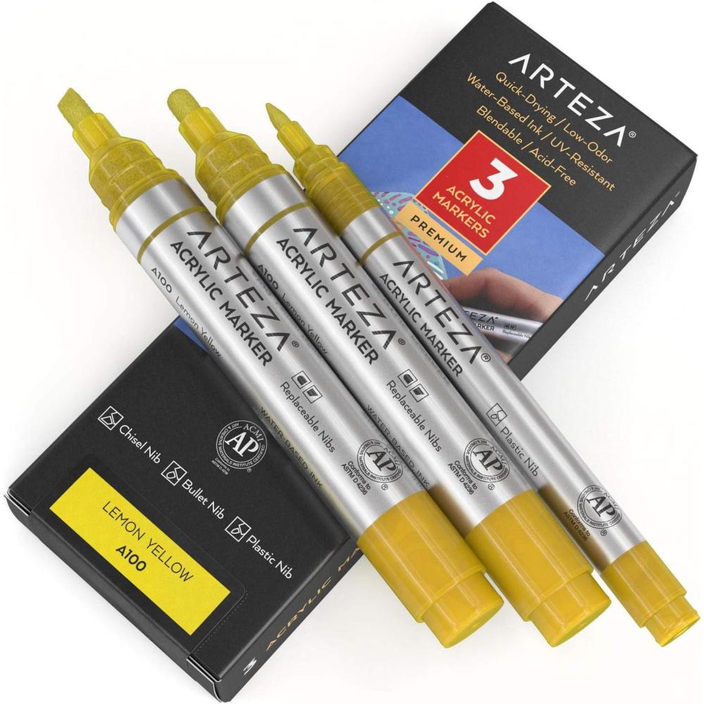 imageARTEZA Acrylic Paint Markers Pack of 3 A403 Rose Pink 1 Thin and 2 Thick Chisel  Bullet Nib Paint Pens for Canvas Rock Glass WoodLemon Yellow A100