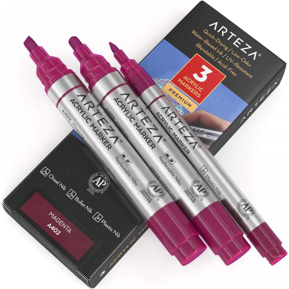 imageARTEZA Acrylic Paint Markers Pack of 3 A403 Rose Pink 1 Thin and 2 Thick Chisel  Bullet Nib Paint Pens for Canvas Rock Glass WoodMagenta A404
