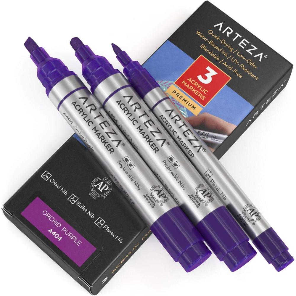 imageARTEZA Acrylic Paint Markers Pack of 3 A403 Rose Pink 1 Thin and 2 Thick Chisel  Bullet Nib Paint Pens for Canvas Rock Glass WoodOrchid Purple A402